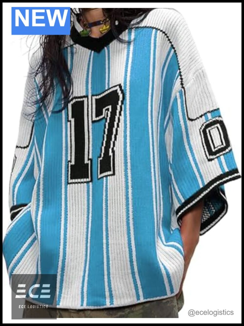 Oversized Striped Graphic Football Jersey Knit Sweater 3/4 Sleeve V-Neck